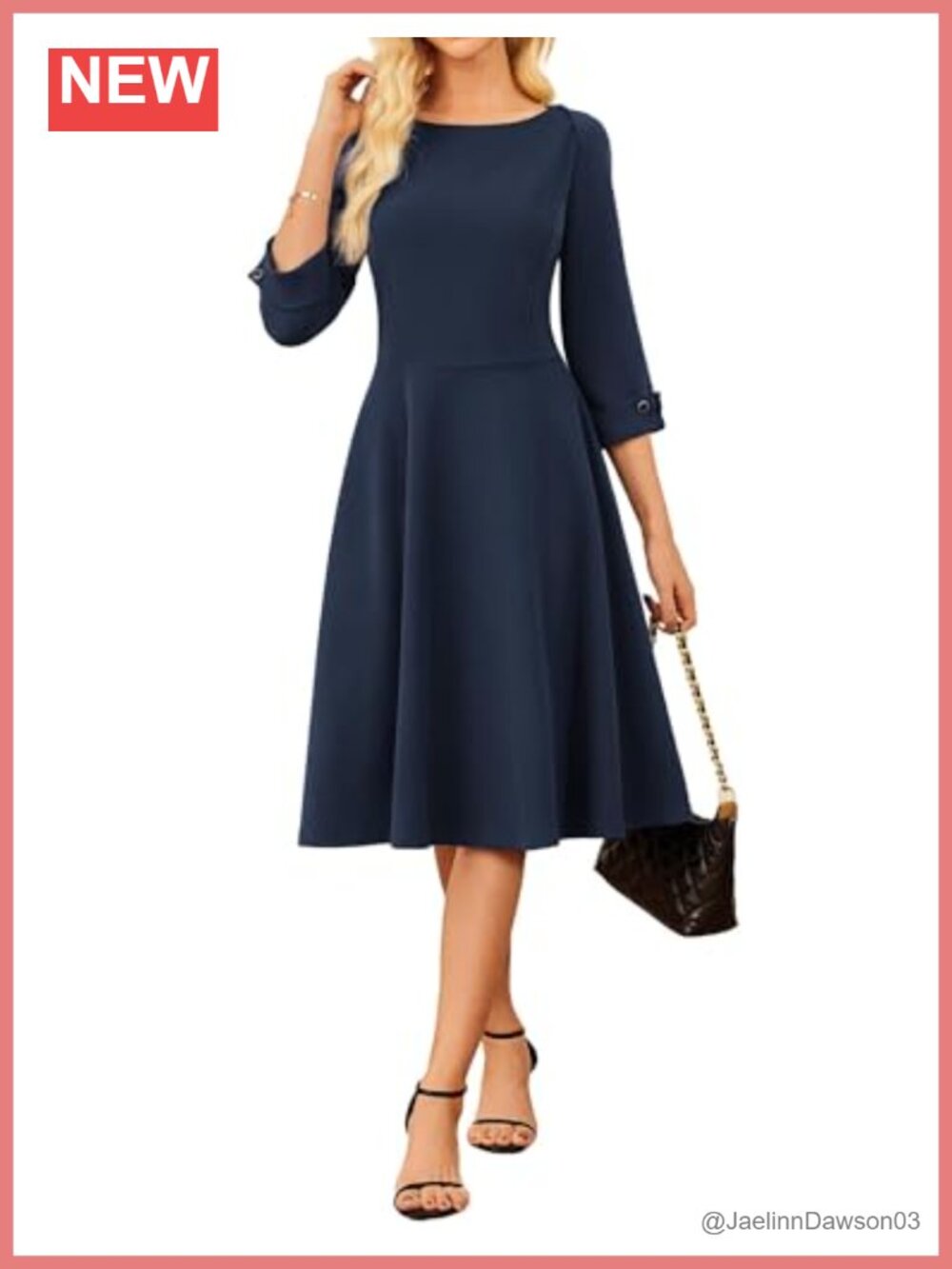 Women's Fit and Flare Midi Work Dress 3/4 Sleeve A-Line Boat Neck Pockets
